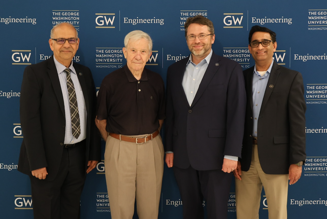 From left: ECE Department Chair Tarek El-Ghazawi, Professor Herman Helgert, Dean John Lach, and Vice Provost for Graduate and Postdoctoral Affairs Suresh Subramaniam