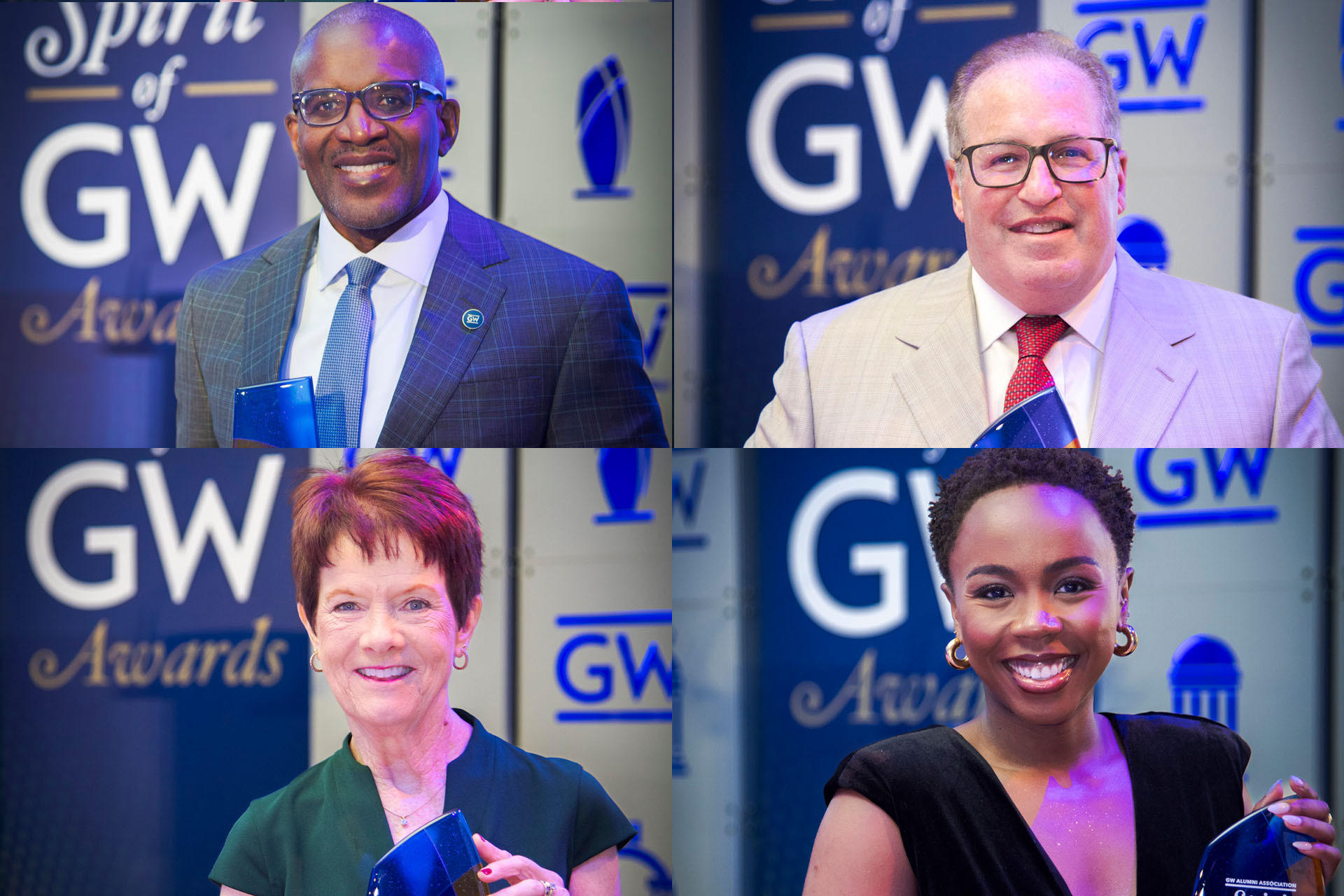 Clockwise from top left: Kevin Brown, M.E. ’94; James Small, B.A. ’84; Zinhle Essamuah, B.A. ’15, CERT. ’16, M.A. ’17; and Dale Carlson-Bebout, M.B.A ’90.