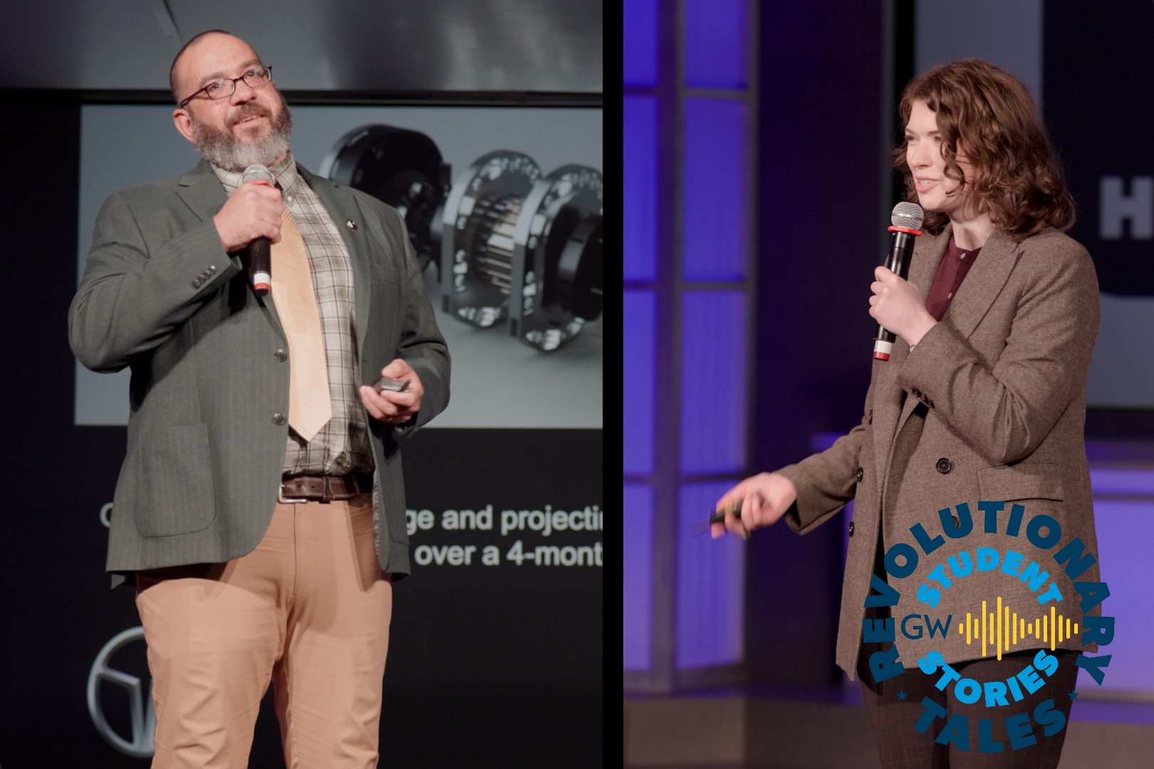 GW graduate students Adrian Outlaw (l) and Christine Wenzel both gave an elevator pitch of their prototypes at the New Venture Competition annual awards ceremony on April 10 at Jack Morton Auditorium. Outlaw won second place in the Business Goods and Services Track, while Wenzel won the Best Storytelling prize. (Cara Taylor/GW Today)