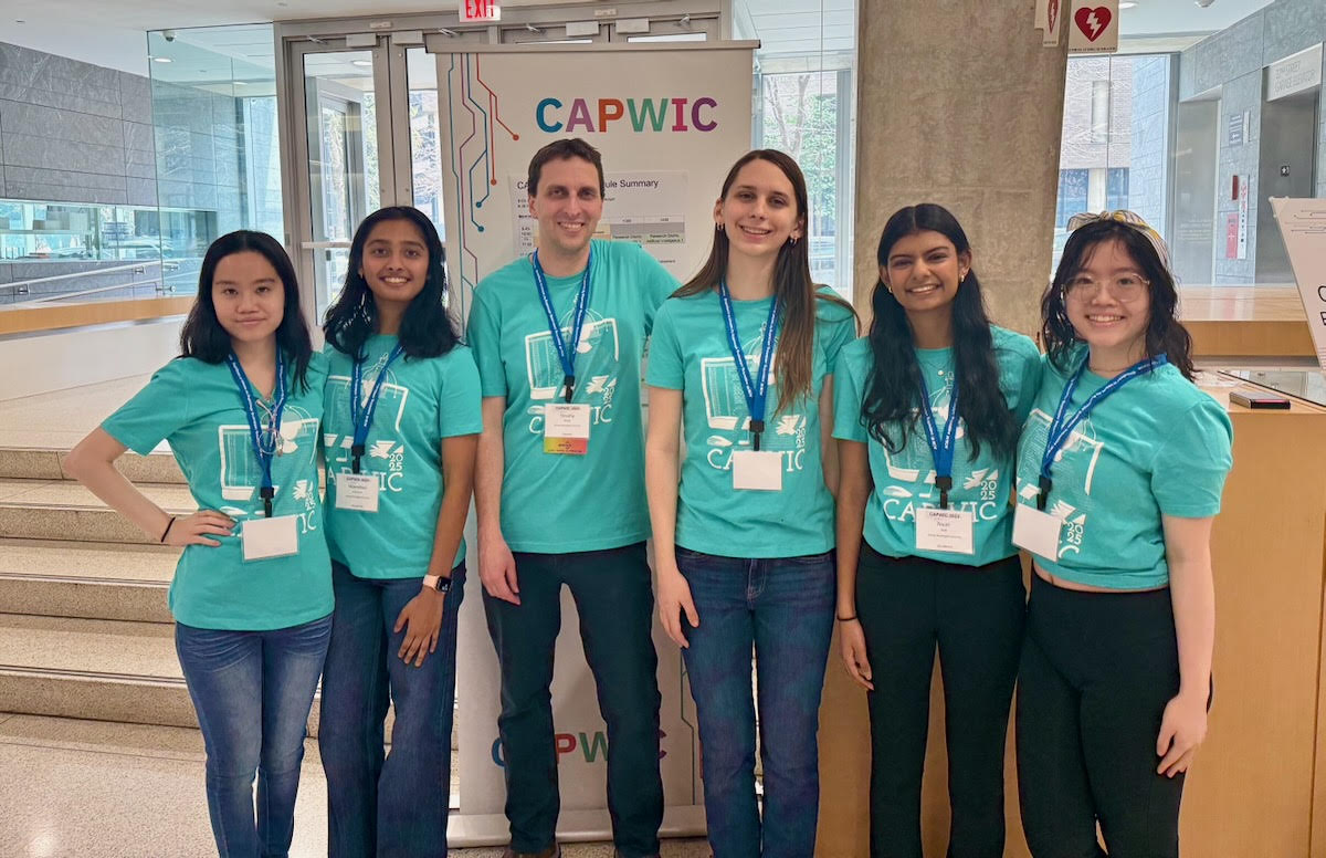 CS Professor Tim Wood and CS students at CAPWIC 2025. (Left to right: Emmy Ly, Shambhavi Jayakumar, Timothy Wood, Emma Trzupek, Niyati Shah, and Elaine Ly.) 