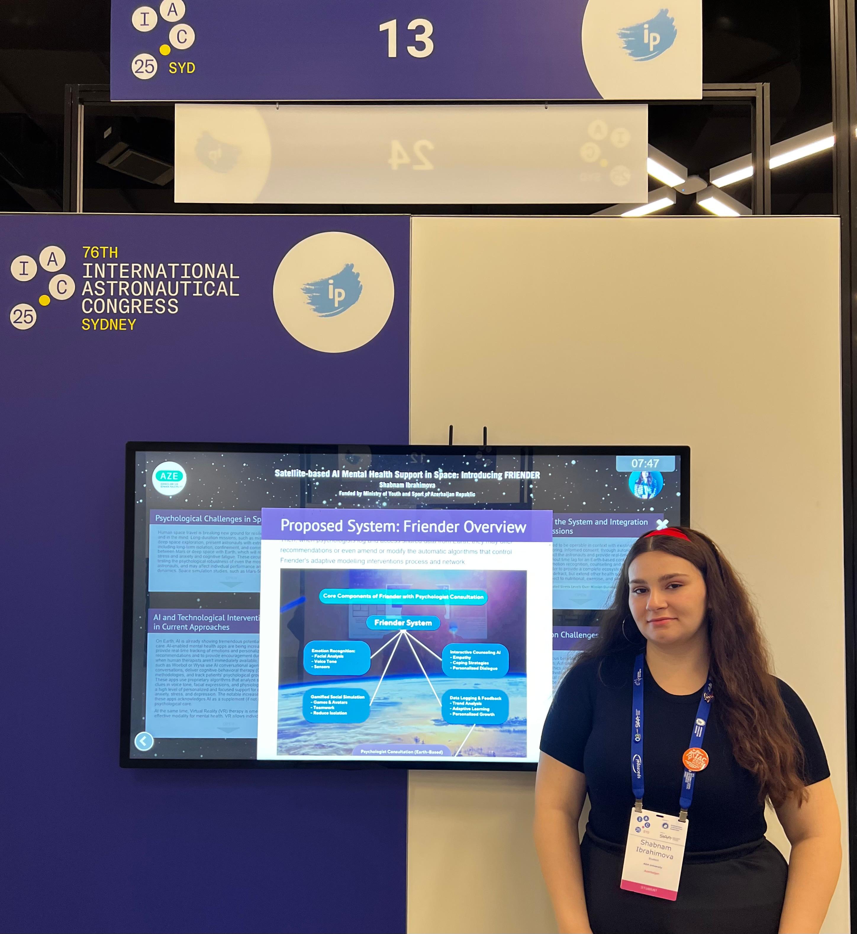 Shabnam Ibrahimova presenting her first paper, “Satellite-Based AI Mental Health Support in Space: Introducing Friender.”