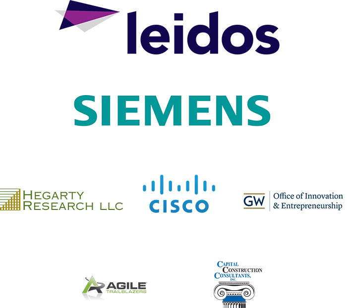 Leidos, Simens, Hegarty Research llc, Cisco, GW Office of Innovation and Entrepreneurship, Agile trailblazers, and capital construction consultants inc. logo