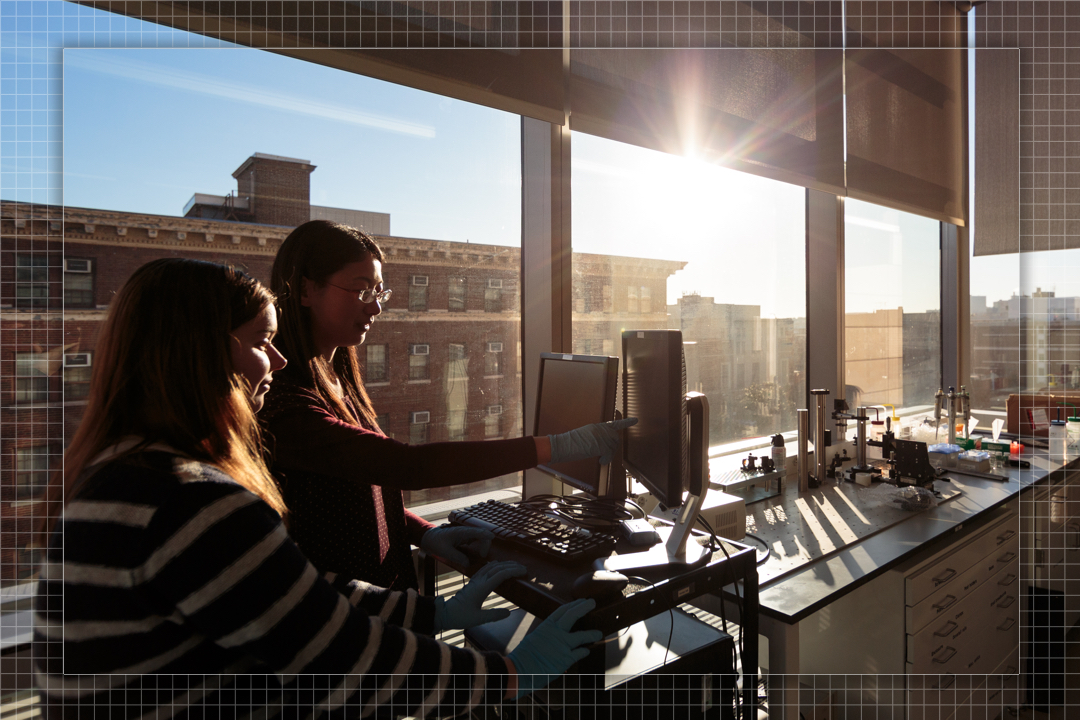 Photo of two students in the science and engineering hall studying