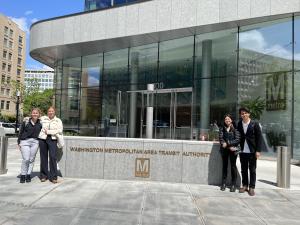 GW Engineering students Eliese Ottinger, Alejandro Medina Mora, Kaveena Patel, and Islay Van Dusen outside of WMATA's L'Enfant Plaza headquarters