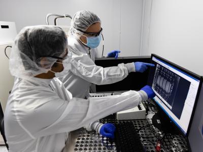 Gina Adam working in lab on computer