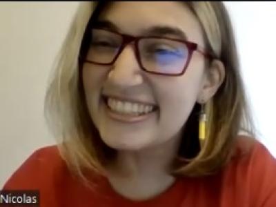 Elyse Nicolas seen on Zoom delivering remarks on the last day of summer camp.