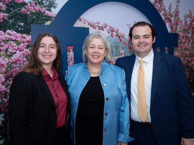 Student speakers Amy Fehr and Peyton Gallant with GW President Ellen M. Granberg at the 2025 Celebration of Scholarships and Fellowships. (Liz Lynch/GW Today)