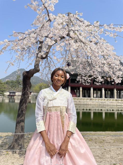 Amarachi Elekeokwuri wearing traditional Korean Hanbok