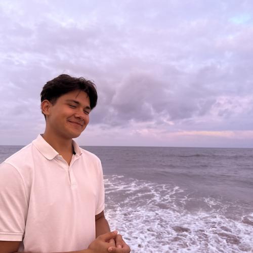 Male standing on the beach by the ocean shore 