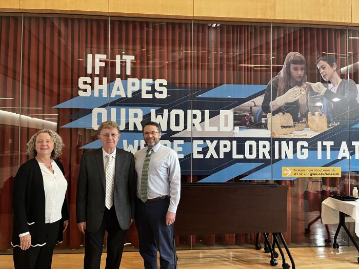 Mike Roco with Pamela Norris, Vice Provost for Research, and John Lach, Dean of GW Engineering