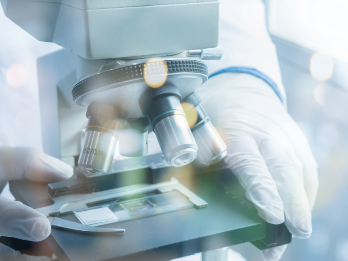 Person examining something with a microscope