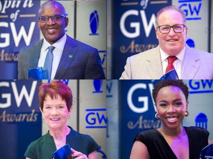 Clockwise from top left: Kevin Brown, M.E. ’94; James Small, B.A. ’84; Zinhle Essamuah, B.A. ’15, CERT. ’16, M.A. ’17; and Dale Carlson-Bebout, M.B.A ’90.