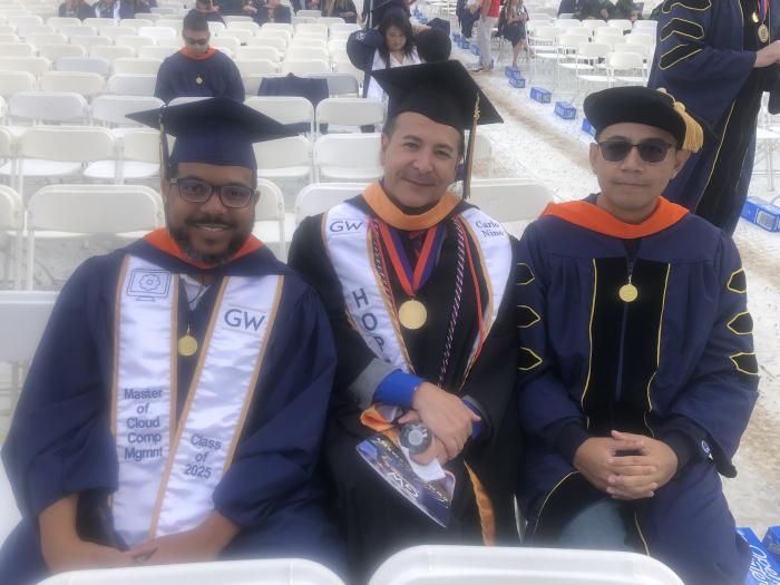 Javon Scales, left, with Carlos Niño, M.E. systems engineering, and Muhammad Solichin, D.Eng. engineering management