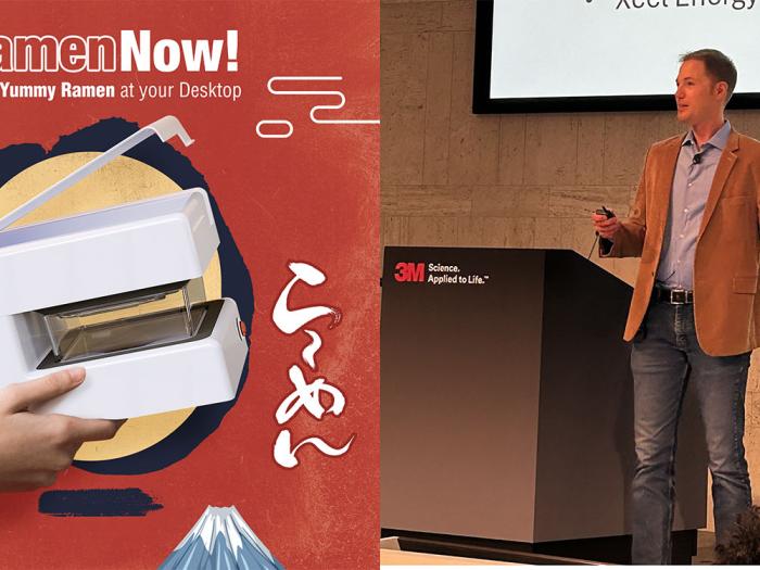 (Left) RamenNow! product and (Right) Travis Thul speaking