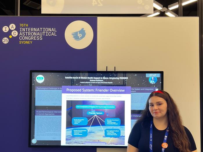 Shabnam Ibrahimova presenting her first paper, “Satellite-Based AI Mental Health Support in Space: Introducing Friender.”
